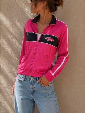 Hurley Pink Black Track Jacket Y2K Full Zip Athletic Jacket Size Medium